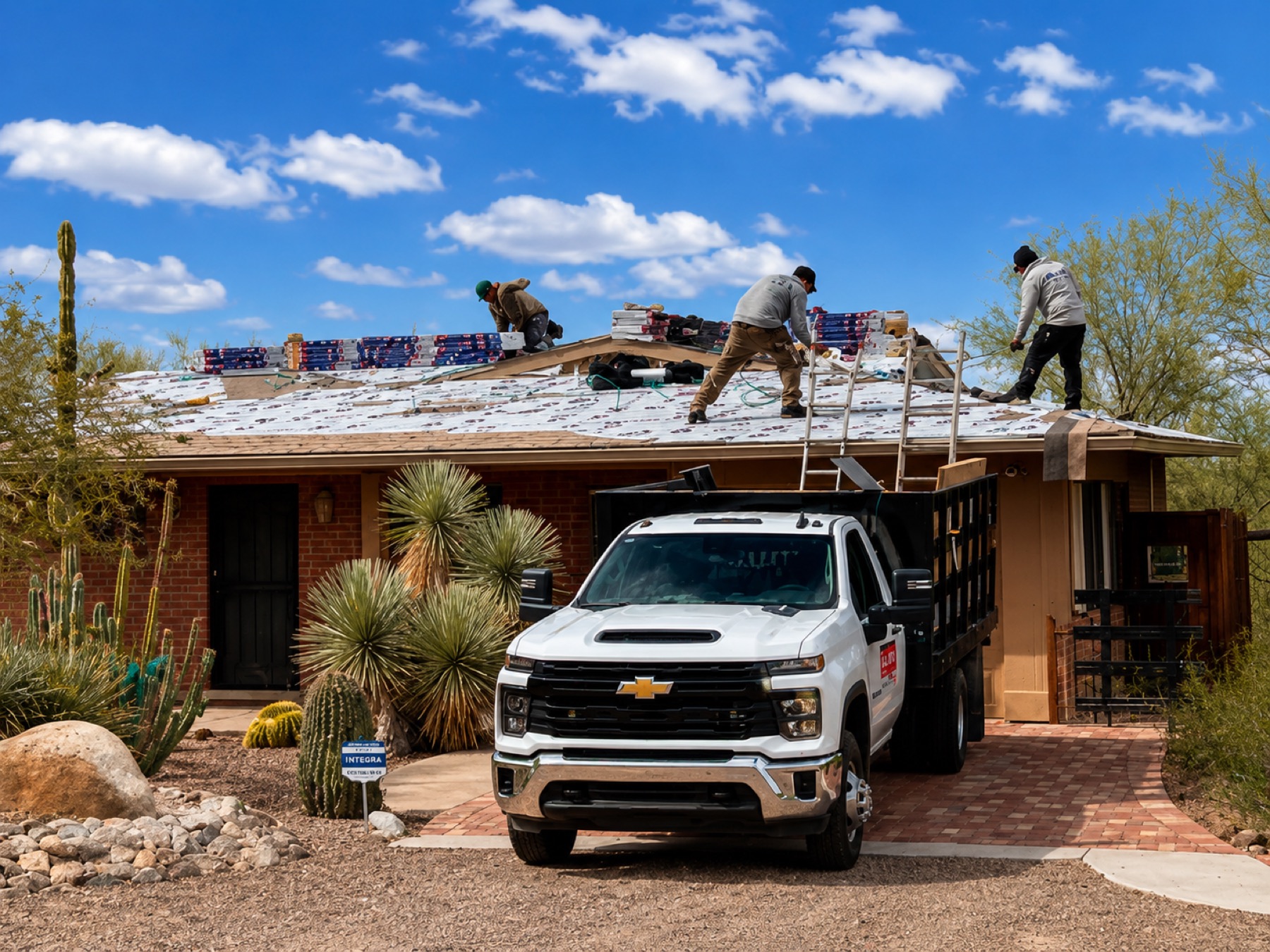 All Dry roofing crew working on a Tucson home