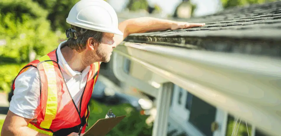 Roofer inspecting gutter and roof edge on Tucson home