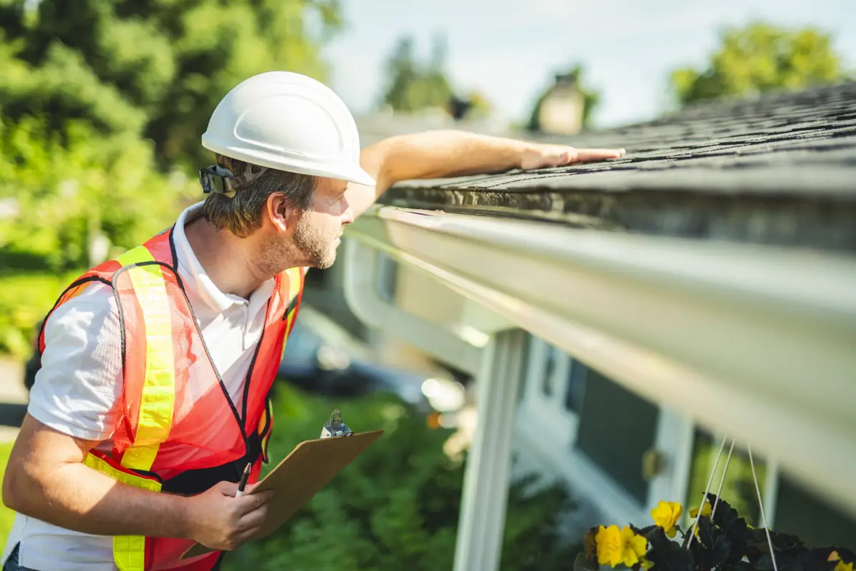 Roofer inspecting gutter and roof edge on Tucson home