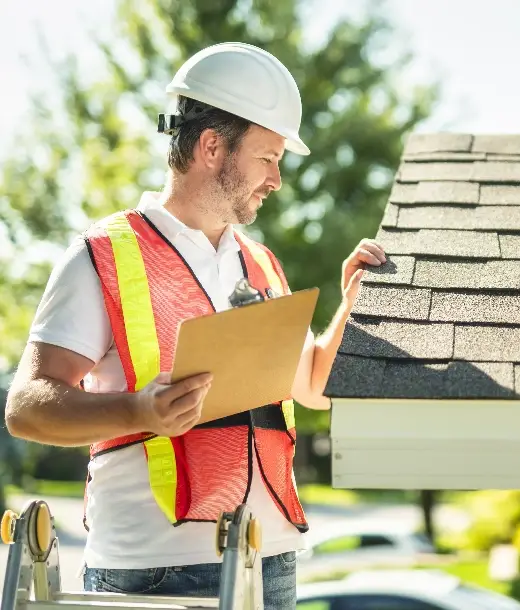 Roofing inspector with clipboard on Tucson roof