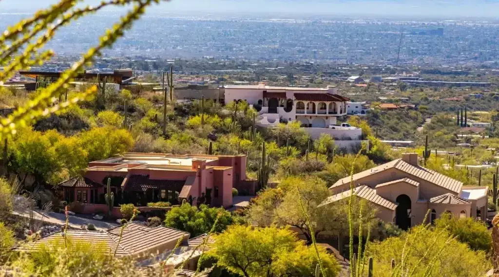 Beautiful landscape view of Catalina Foothills, Arizona with cityscape and desert hills.